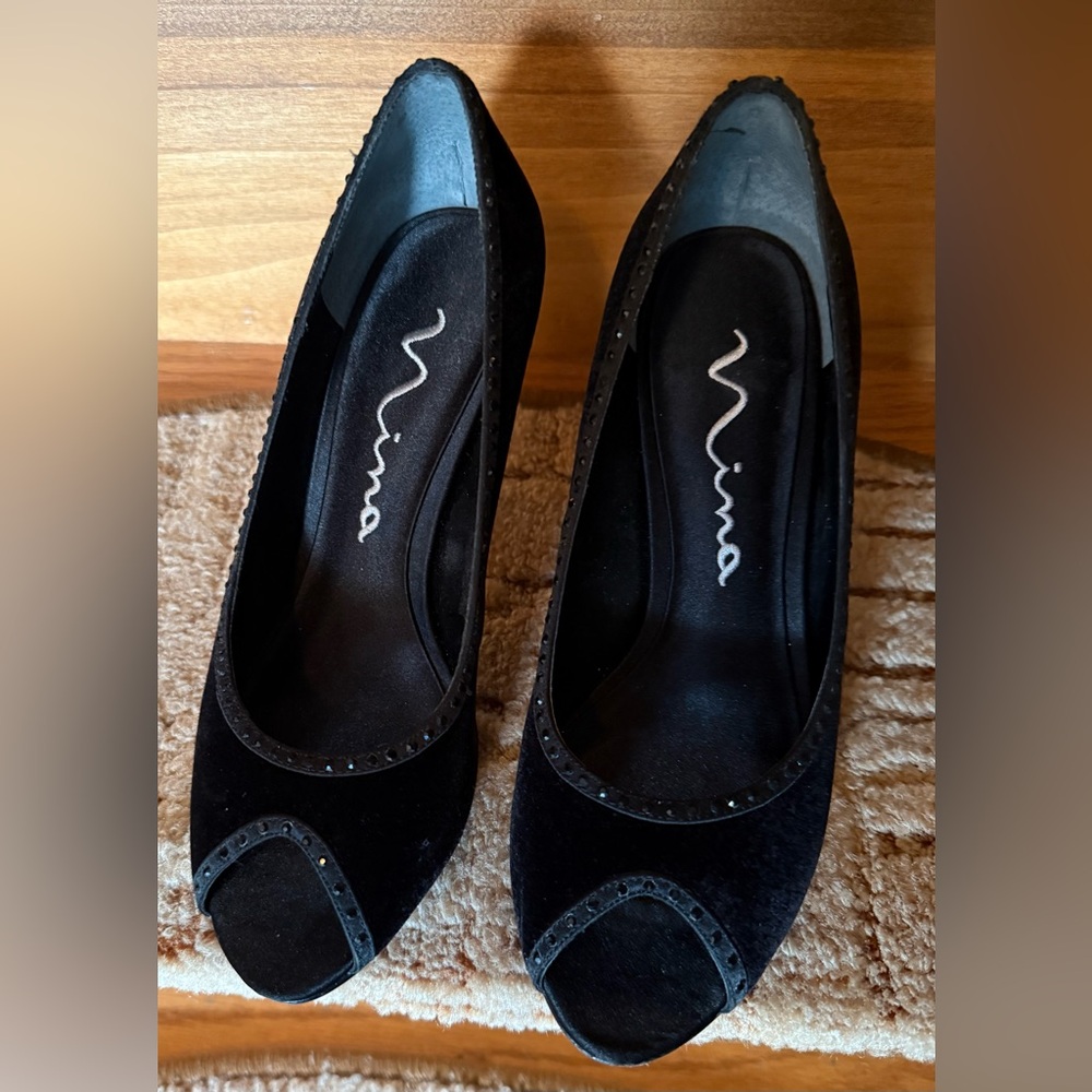 Nina Elegant Black Velvet Sparkling Peep-Toe Heels